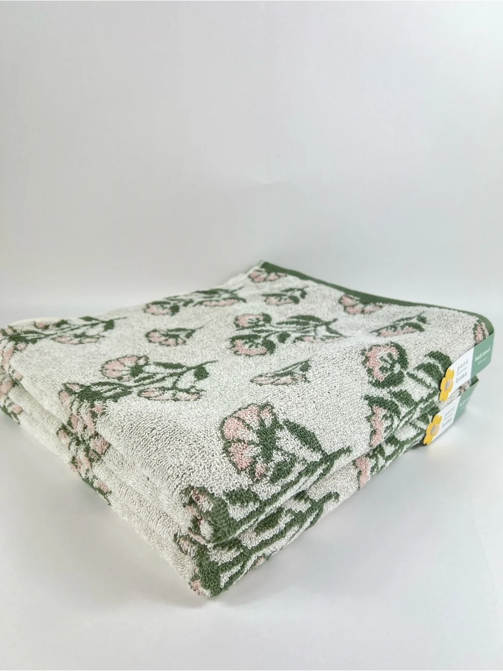 Peri Home Bath Towel Set Green Pink Off White Floral Design 100% Cotton 8 Pc NEW